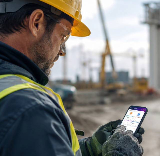 Un contremaître consulte Operate sur son téléphone, sur un chantier